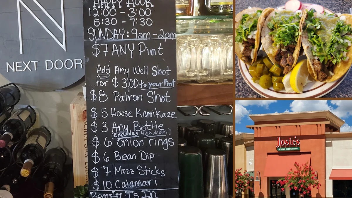Outdoor seating beside a Mexican restaurant entrance.