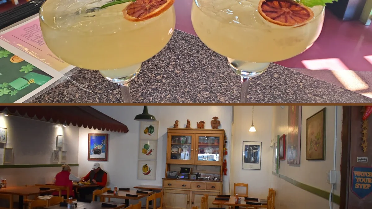 Outdoor seating beside a Mexican restaurant entrance.