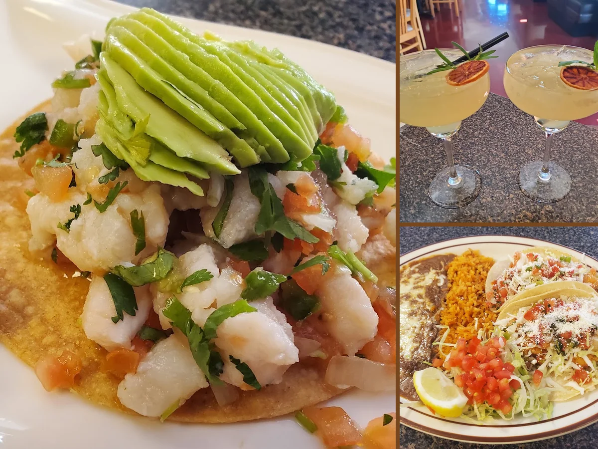 Colorful Mexican dishes on a casual restaurant table.