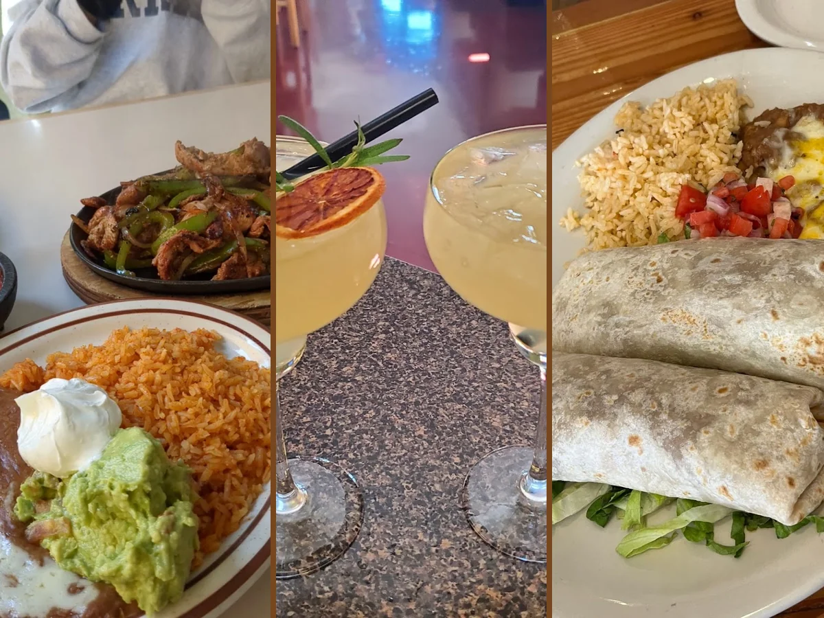 Colorful Mexican dishes on a casual restaurant table.