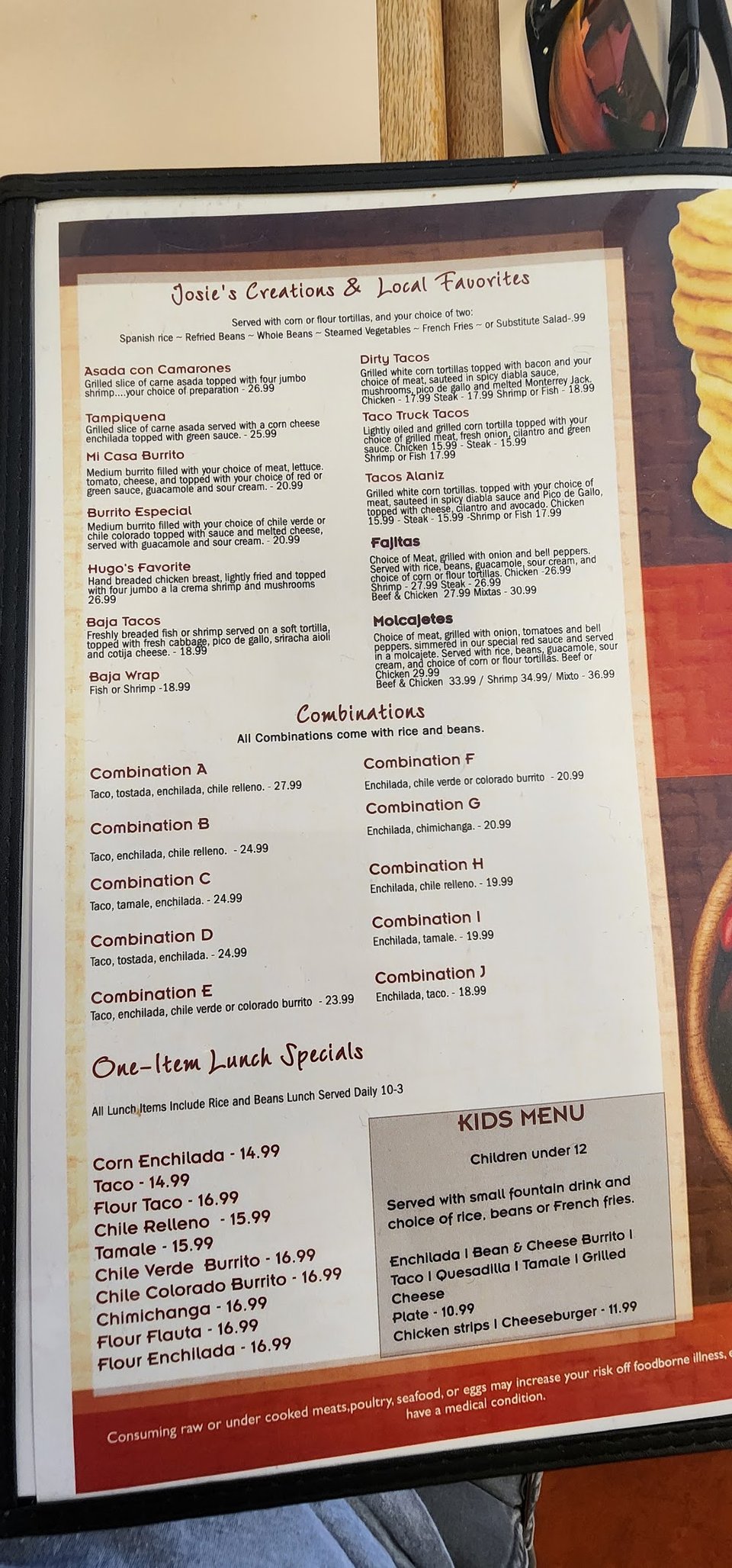 Restaurant menu featuring comfort food and vegetarian options.